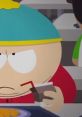 Angry Eric Cartman holding a drink, frowning in frustration at the cafeteria, capturing his iconic attitude.