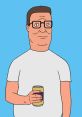 Hank Hill holds a drink, showcasing his iconic style against a blue background, embodying classic animated humor.