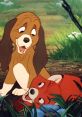 Charming scene of two best friends, a dog and a fox, from "Fox and the Hound," capturing their playful bond in nature.