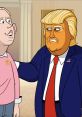 Trump-like animated character interacts with a nervous figure in a satirical scene from "Our Cartoon President.