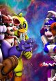 FNAF characters in a colorful, cosmic backdrop, showcasing iconic animatronics and vibrant art style from the horror game series.