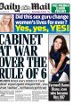 Daily Mail headline on Covid cabinet debates, sex guru impact on women's lives, and tribute to Dame Diana Rigg, Sept 2020.