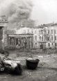 Soldier lying on rubble in Berlin, smoke rising in the background, capturing the devastation of the Fall of Berlin.