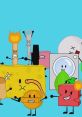 BFDI characters celebrating together against a colorful blue backdrop, featuring quirky animated designs and expressions.