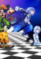 Goofy, Mickey, Riku, and Aqua from Kingdom Hearts stand on a checkered floor against a cosmic backdrop.