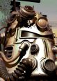 Detailed view of a Fallout Power Armor helmet, showcasing its intricate design and worn metallic texture.