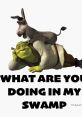 Shrek and Donkey in a playful moment with the quote, "What are you doing in my swamp?" from the beloved animated film.