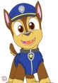 Charming cartoon dog in a police uniform with a big smile, perfect for showcasing Chase's cute laugh in clean fun.