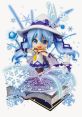 Cute character with blue hair and hat, surrounded by snowflakes, holding magic wand and accompanied by a rabbit, themed around winter.