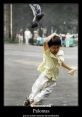 Child startled by a diving pigeon, expressing fear and surprise in a bustling park setting, showcasing humorous chaos.