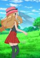 Serena from Pokémon XY in a vibrant landscape, wearing a pink hat, black top, and red skirt, walking confidently.