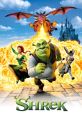 Shrek, Princess Fiona, and Donkey run from a dragon in a fiery scene from the animated film Shrek (2001). Fantasy adventure fun!