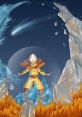 Aang channels elemental energy amid flames and water, showcasing the power of Sozin's Comet in a stunning battle scene.