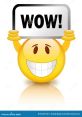 Bright yellow smiley face holding a sign that says "WOW!", conveying excitement and the WOW effect in visual communication.