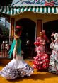 Festive Abril celebration in Spain with women in traditional flamenco dresses, vibrant colors, and lively atmosphere.