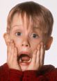 Surprised young boy with a shocked expression, hands on face, evoking classic moment from a holiday movie featuring Kevin.