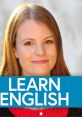 Smiling woman with long hair encourages viewers to learn British English with engaging visuals and friendly demeanor.